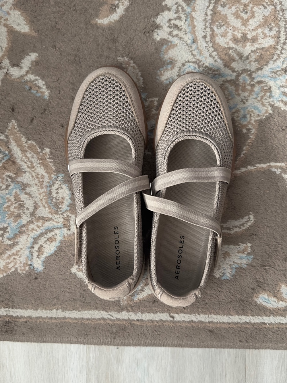 AEROSOLES Taupe Knit Mary Jane Flats with Cross Straps
